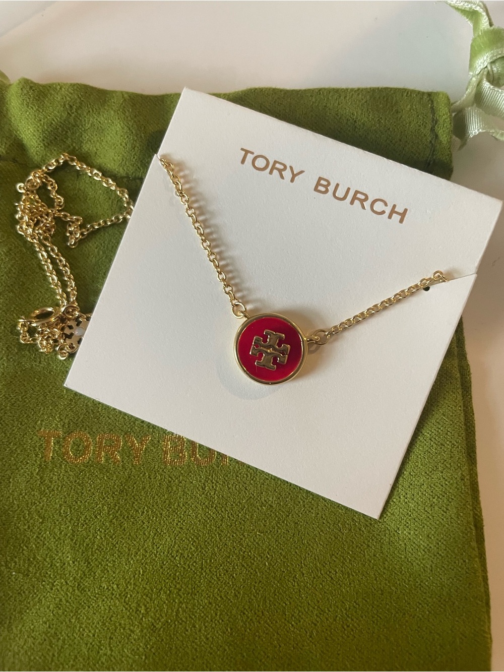 Tory Burch Gold-Tone Necklace with Red Enamel Logo Disc
